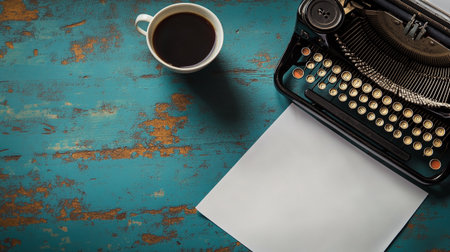 Vintage typewriter and a cup of coffee on old wooden tableの写真素材