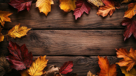Autumn leaves on wooden background, top view. Space for text