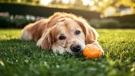 Cute Golden Retriever puppy playing with an orange ball on the grassの写真素材