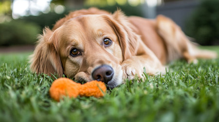 Golden Retriever dog lying on green grass with toy in mouthの写真素材