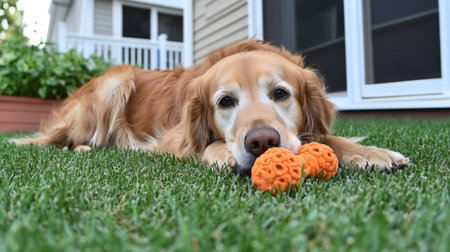 Cute Golden Retriever lying on the grass with a toyの写真素材