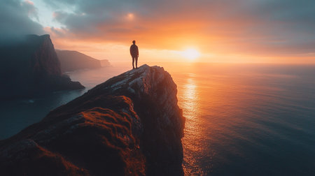 Man standing on the edge of a cliff and looking at the sunsetの写真素材