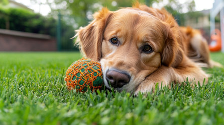 Cute Golden Retriever dog with ball lying on green grassの写真素材