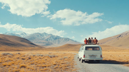 Group of tourists on a campervan traveling in the mountains.の写真素材