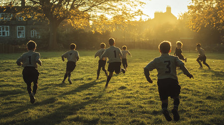 Group of children playing soccer in sunset light. Kids having fun outdoorsの写真素材