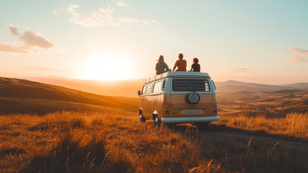 Group of friends traveling by camper van on the road at sunsetの写真素材