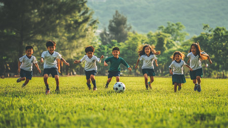 Group of happy children playing soccer in the park at sunset time.の写真素材