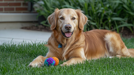 Golden Retriever dog sitting on the grass and playing with a ballの写真素材
