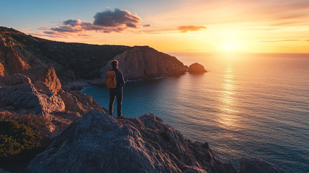 Hiker standing on the edge of a cliff and looking at the sea at sunsetの写真素材