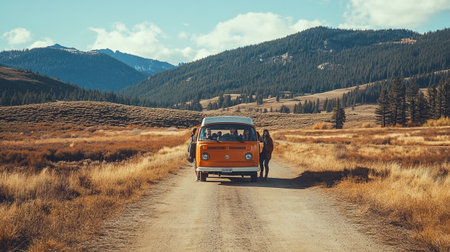 Vintage car on a road in the mountains. Toned.の写真素材