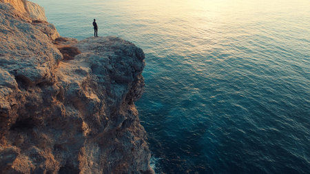 Man standing on a cliff and looking at the sea. Toned.の写真素材