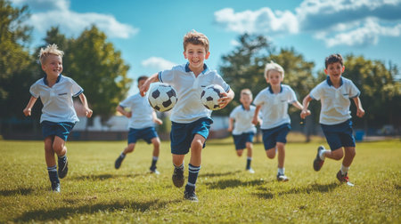 Group of happy children playing football on the field. Kids having fun while playing soccer.の写真素材
