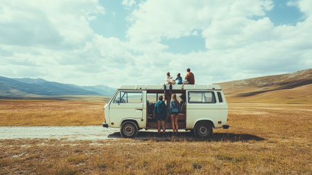 Group of friends traveling by camper van. Tourists standing on camper van.の写真素材