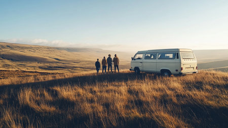 Group of people standing on the top of a mountain with a camper van in the backgroundの写真素材