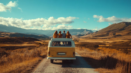 A group of tourists on a road trip in the mountains. Travel concept