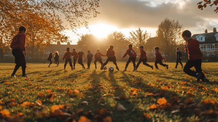 Group of children playing soccer on the field during sunset in autumn time