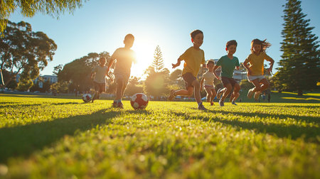 Group of children playing soccer on a sunny day in the park.の写真素材