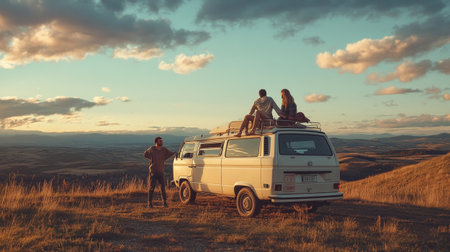 Group of friends sitting on a camper van at sunset in the mountainsの写真素材