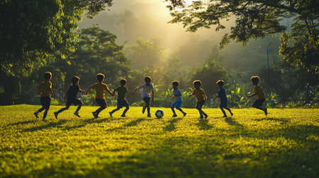 Group of happy children playing soccer in the park at sunset time.の写真素材