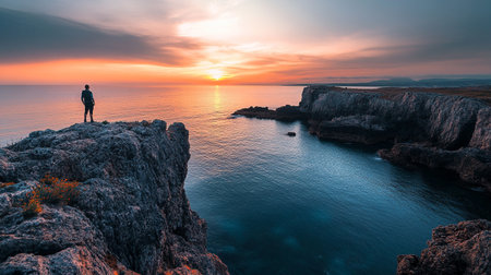 Man on the edge of a cliff watching the sunset over the seaの写真素材