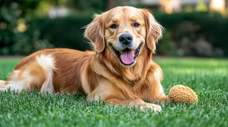 Portrait of a beautiful golden retriever dog lying on the grassの写真素材