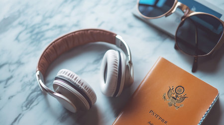 Selective focus on headphones and passport with sunglassesle table backgroundの写真素材