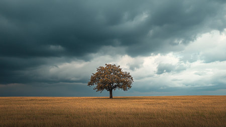 Lonely tree in a wheat field with stormy sky backgroundの写真素材