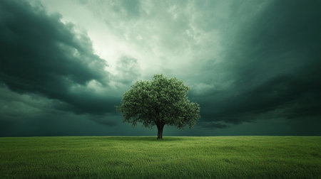 Lonely tree in the green field with stormy sky backgroundの写真素材