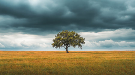 Lonely tree in the field with stormy sky background.の写真素材