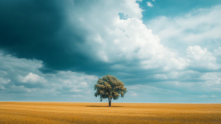 A single tree in a wheat field under a blue sky with cloudsの写真素材