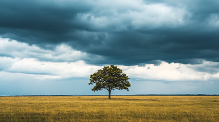 Lonely tree in the field with dramatic stormy sky.の写真素材