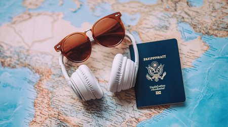 Selective focus of headphones, sunglasses and passport on world map background