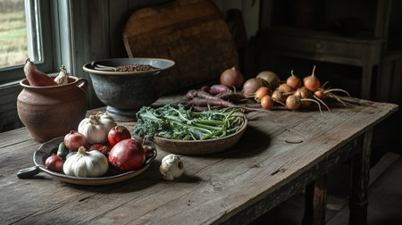 Still life with vegetables on a wooden table in an old rustic kitchenの写真素材