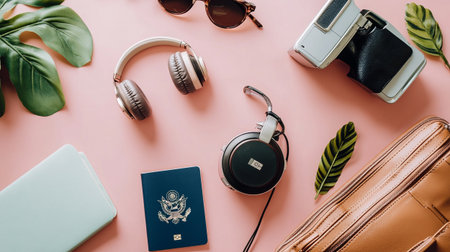 Flat lay of traveler accessories on pink background, travel concept.の写真素材