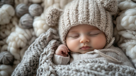 Cute little baby sleeping in knitted hat, closeup viewの写真素材