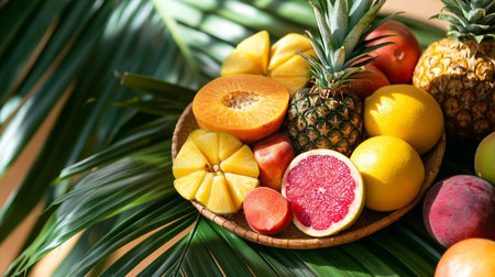 Assortment of tropical fruits in bowl on palm leaf, closeupの写真素材