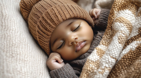 Cute newborn baby boy sleeping in knitted hat, closeupの写真素材