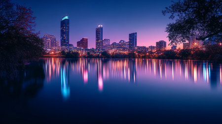 Boston, Massachusetts, USA downtown skyline reflected in lake at dusk.