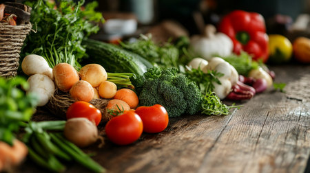 Fresh vegetables on rustic wooden table. Healthy food background with copy spaceの写真素材