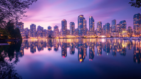 Sunset in the city with reflection of skyscrapers and lakeの写真素材