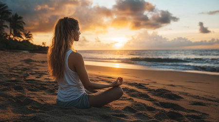 Young woman meditating on the beach at sunset. Yoga concept.の写真素材