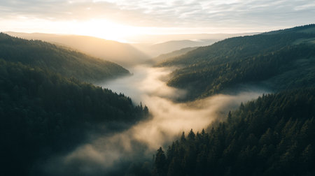 Aerial view of foggy morning in Carpathian mountains, Ukraine