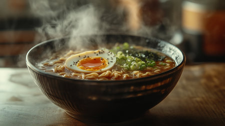 Bowl of tasty ramen soup on wooden table, closeup