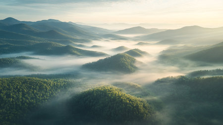 Foggy morning in the Carpathian mountains, Ukraine.の写真素材