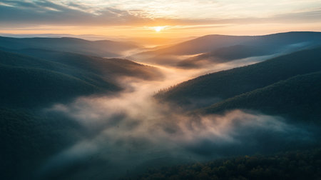 Aerial view of beautiful sunrise in the mountains with fog in the valley