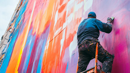 Worker paints the wall with a paint roller in the city.の写真素材