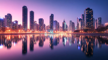 Beautiful night view of skyscrapers reflected in the lake.の写真素材