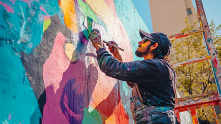 Young artist painting graffiti on a wall outdoors. Street art concept.の写真素材