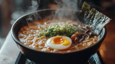 japanese ramen noodle with egg in hot pot.