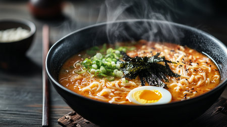 Japanese ramen noodle soup with egg in black bowl on wooden tableの写真素材
